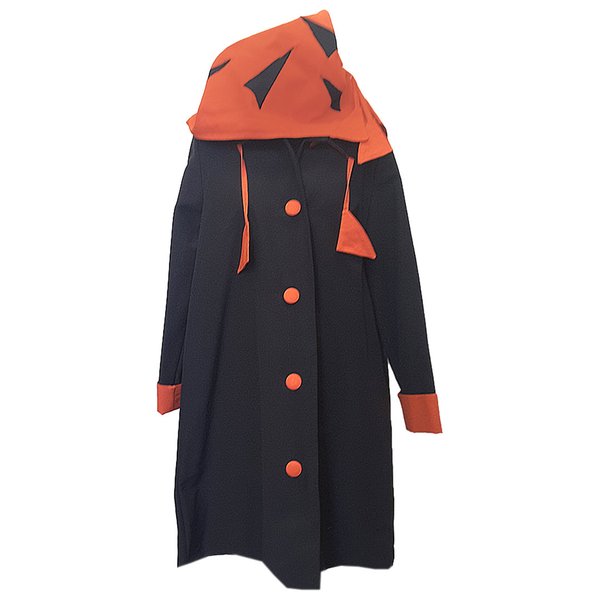 Leija-takki musta takki/oranssi huppu ja somisteet L-XL